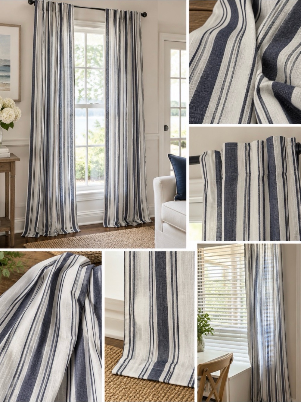 Source Unknown Navy and White Striped Curtain Panel